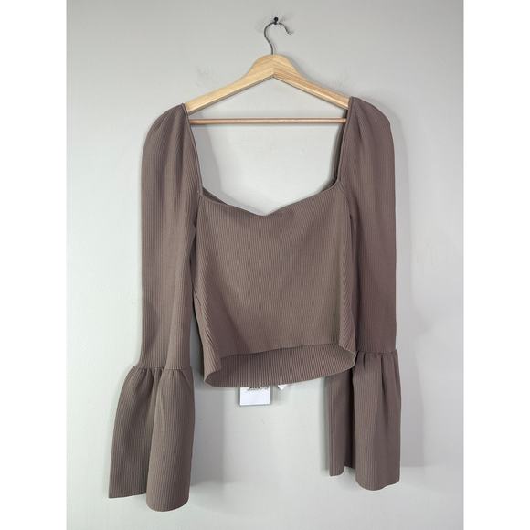 NWT Self Portrait Ribbed Knit Bow Bust Flared Sleeve Cut Out Top Brown Size: XL - Picture 7 of 10
